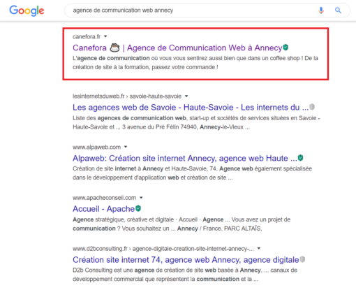 Agence de Communication Web Annecy - Canefora - Recherches organiques - Référencement naturel - SEO - Résultats de recherche Google